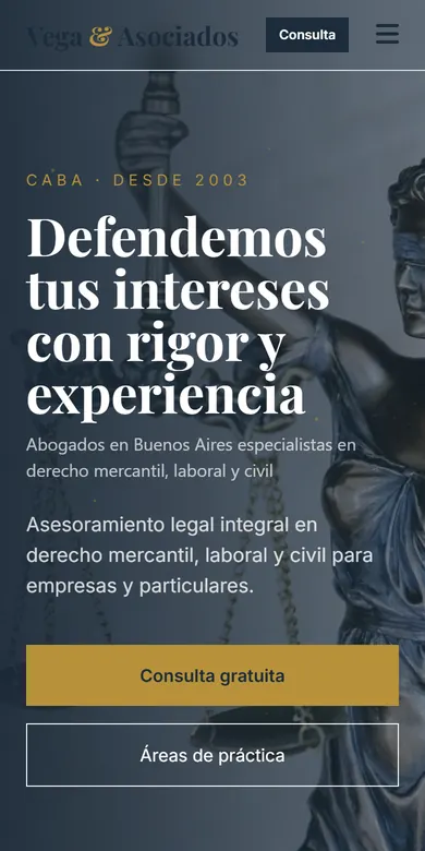 Página de ejemplo de un estudio de abogados vista en un celular