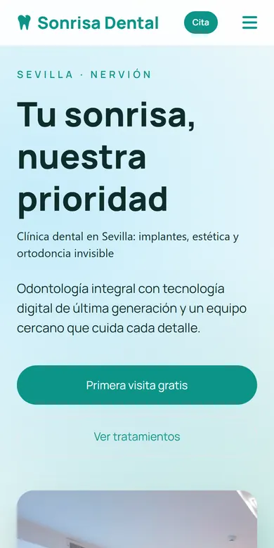 Página de ejemplo de una clínica dental vista en un móvil