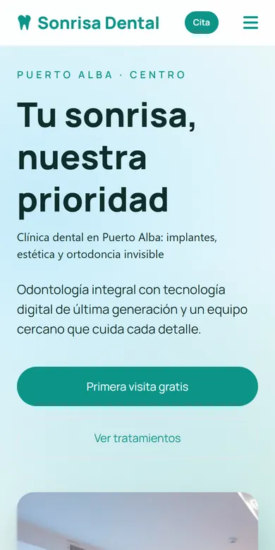 Página de ejemplo de un consultorio dental vista en un teléfono