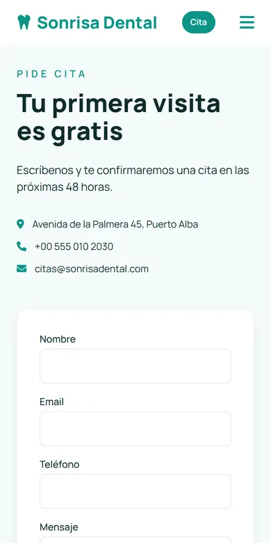 Sección para agendar cita de un consultorio dental, con dirección, teléfono y formulario, vista en un teléfono