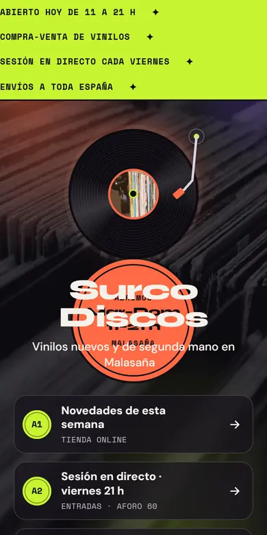 Página de enlaces de ejemplo de una tienda de discos vista en un móvil