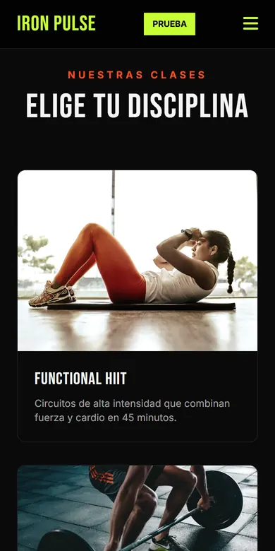Sección de clases de un gimnasio, con foto y descripción de cada clase, vista en un teléfono