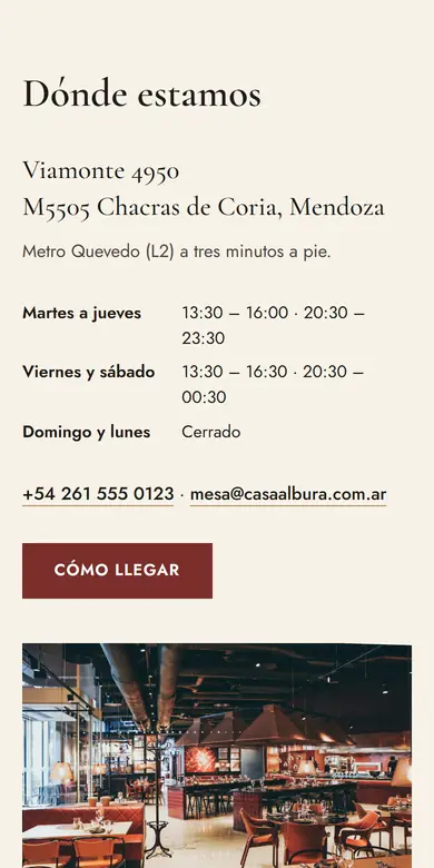 Sección «Dónde estamos» de un restaurante, con dirección, horarios y teléfono, vista en un celular