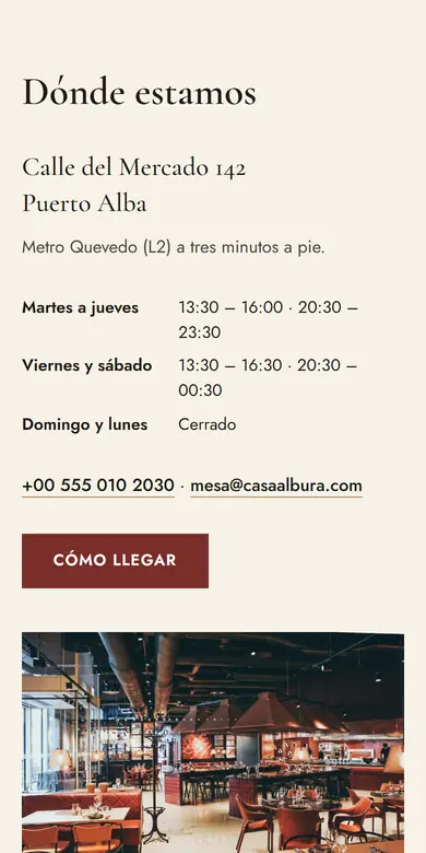 Sección «Dónde estamos» de un restaurante, con dirección, horarios y teléfono, vista en un teléfono