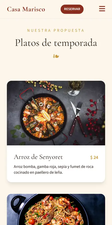 Sección de platos de temporada con precios de un restaurante, vista en un teléfono