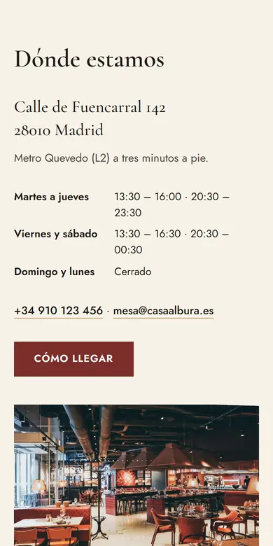 Sección «Dónde estamos» de un restaurante, con dirección, horarios y teléfono, vista en un móvil