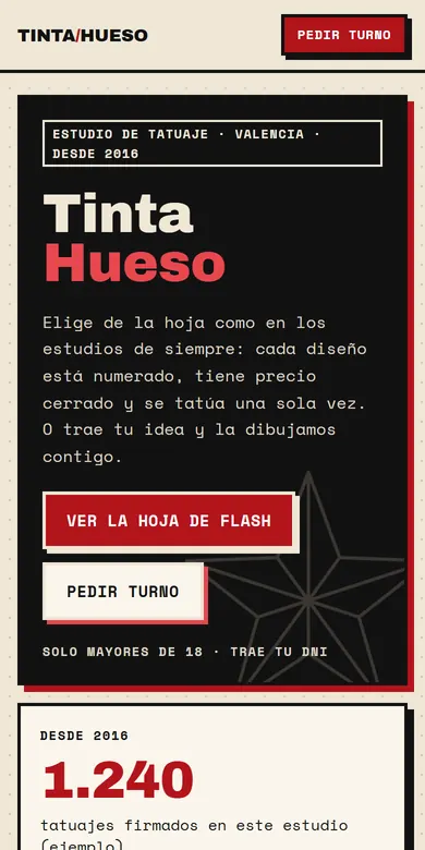 Página de ejemplo de un estudio de tatuajes vista en un móvil